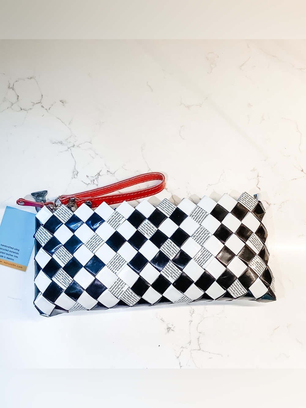 NWT Nahui Ollin Woven Black & White Clutch with Red Wrist Strap